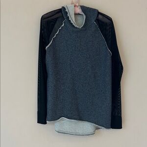 Denim and black net pullover with hood